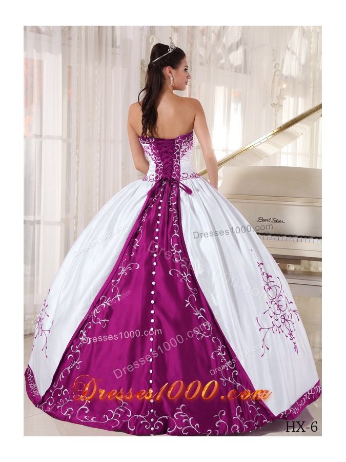 Fuchsia and White Strapless Satin Embroidery Sweet Sixteen Quinceanera Dresses