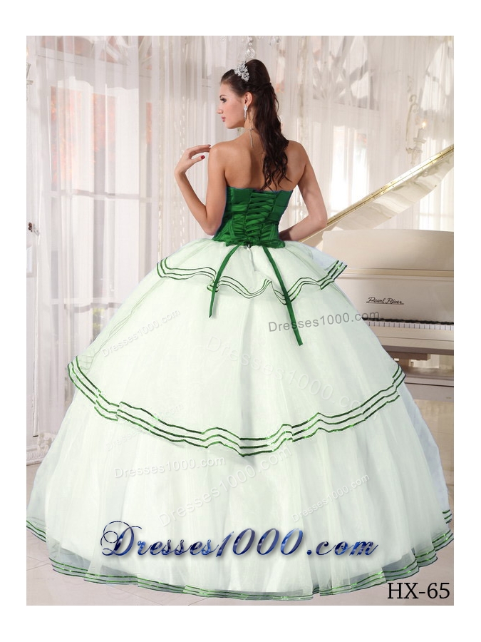 Puffy Strapless Organza Appliques Green and White Quinceanera Dress