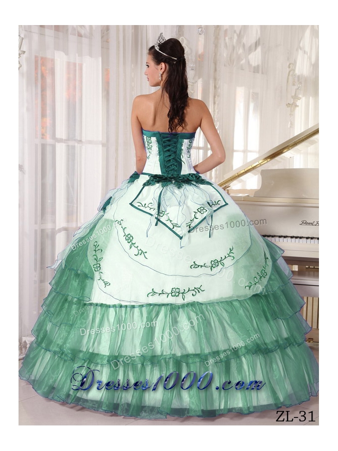 Sweetheart Organza Embroidery Turquoise and White Quinceanera Dress