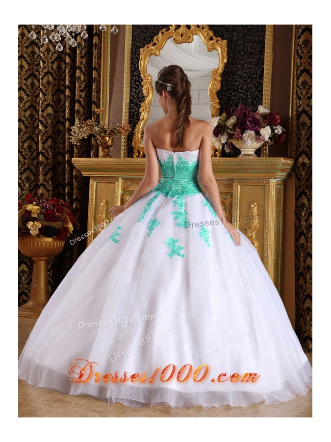 White and Apple Green Appliques Sweetheart Organza Dresses For a Quince