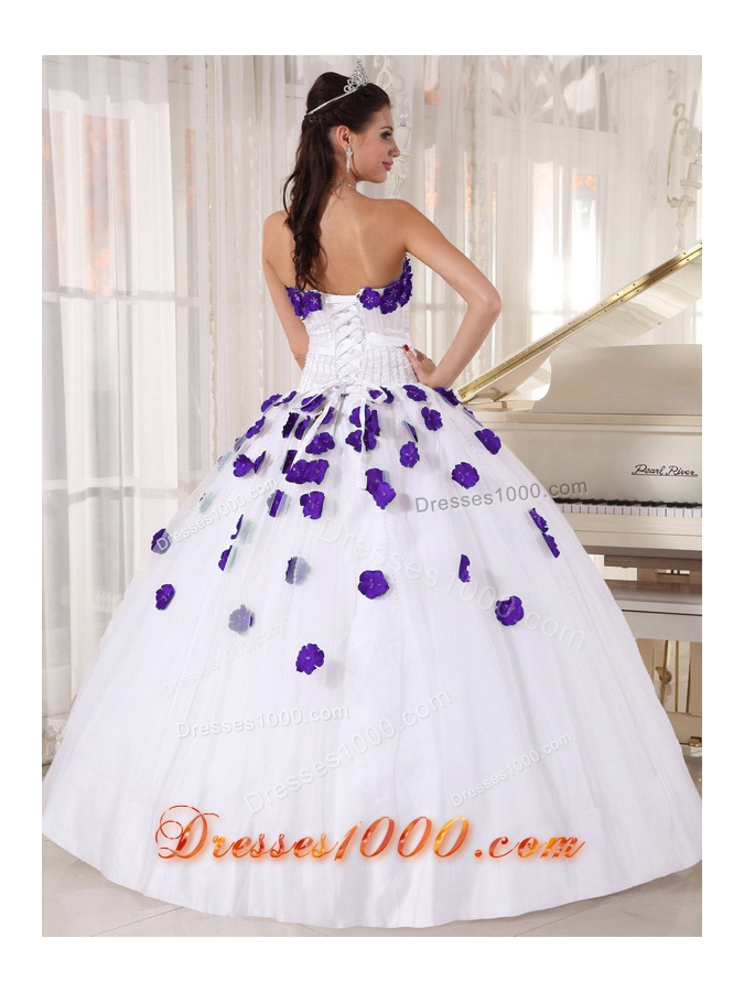 White Strapless Beading and Purple Floral Dresses For a Quinceanera