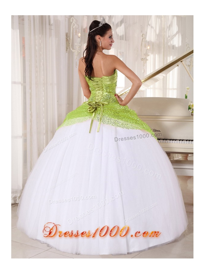 Yellow Green and White Quinceanera Dresses Spaghetti Straps Sequin Appliques