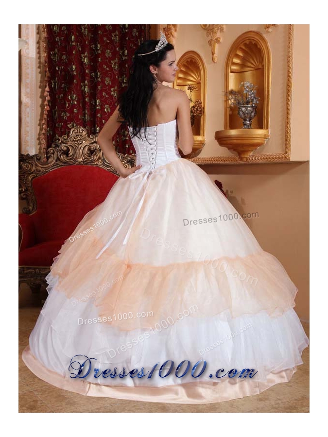 Champagne and White Organza Embroidery Quinceanera Gowns