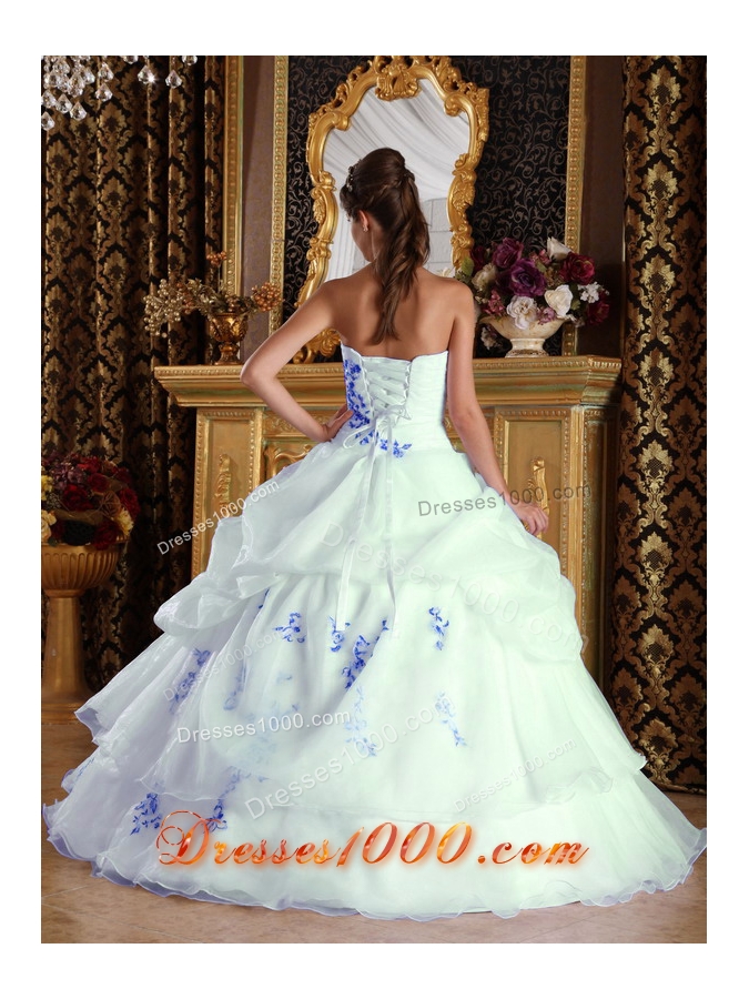 Elegant White Princess Organza Blue Embroidery Quinceanera Dress