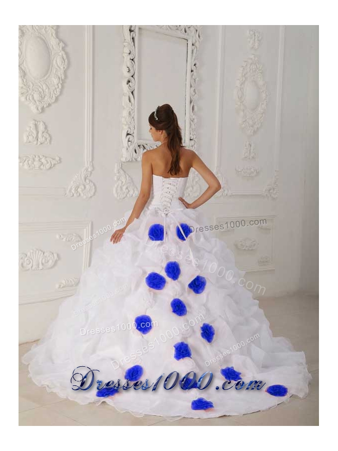 Organza Hand Made Flowers and Pick-ups White Court Train Quinceanera Gowns