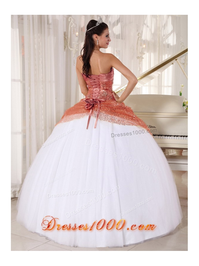 Rust Red and White Dresses For a Quince Spaghetti Straps Sequin