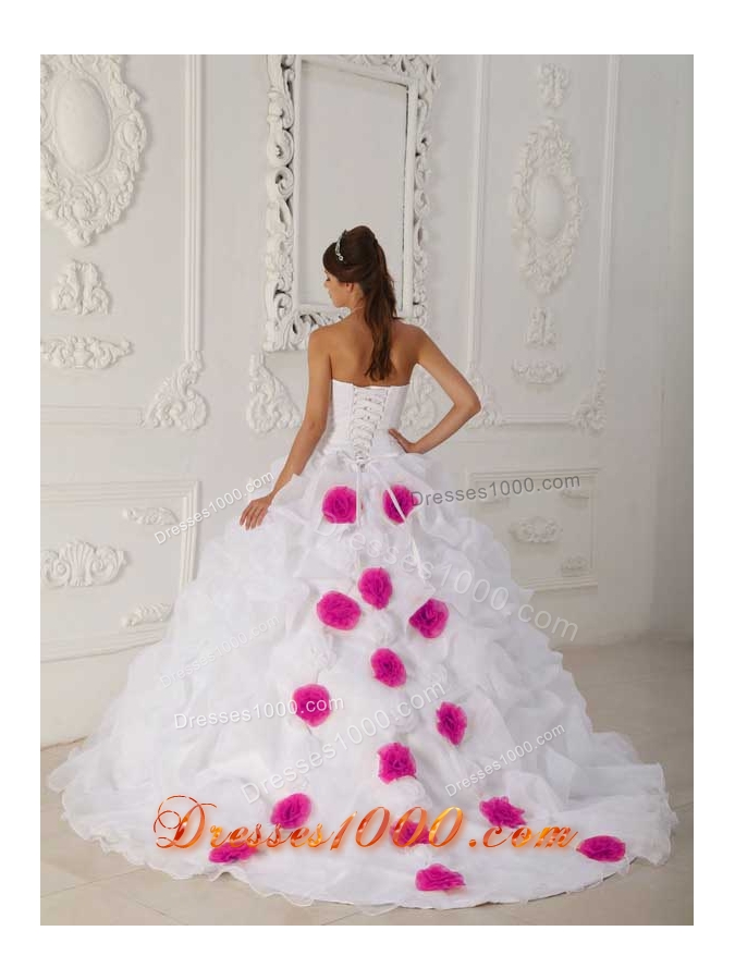 Strapless Court Train Organza White Quinceanera Dress with Hot Pink Hand Made Flowers