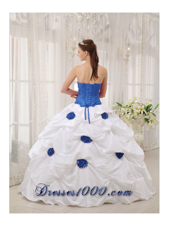 Strapless Taffeta Hand Made Flower Blue and White Quinceneara Dresses with Beading