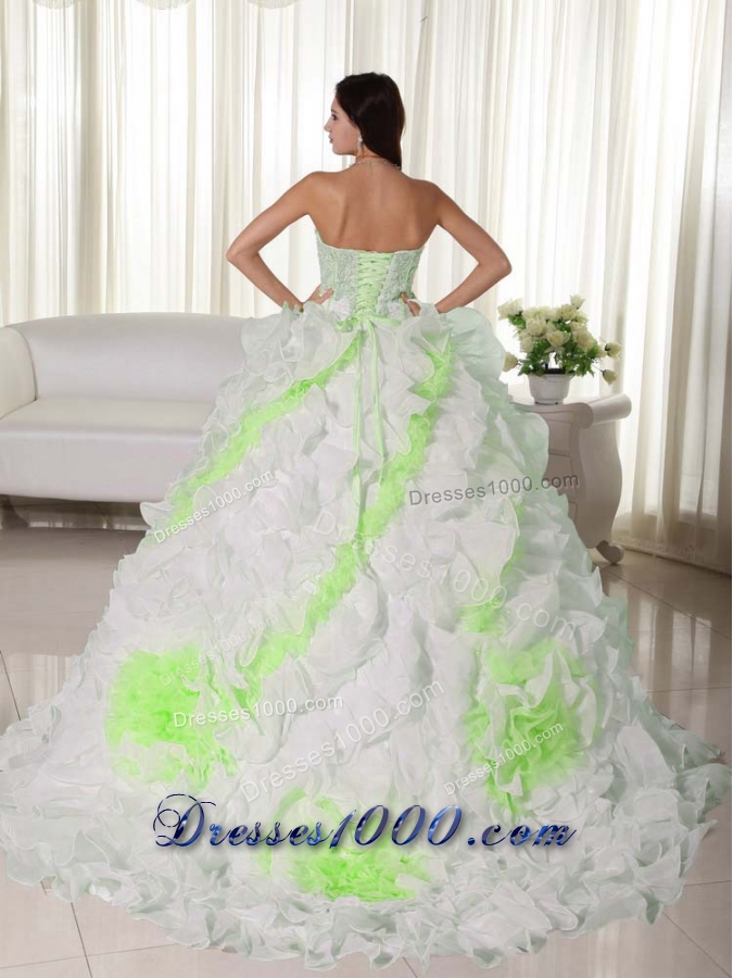 Sweetheart Court Train Organza Appliques and Ruffles White Quinceanera Gowns