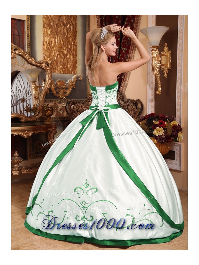 White and Green Puffy Satin Embroidery Quincianera Dresses for Cheap
