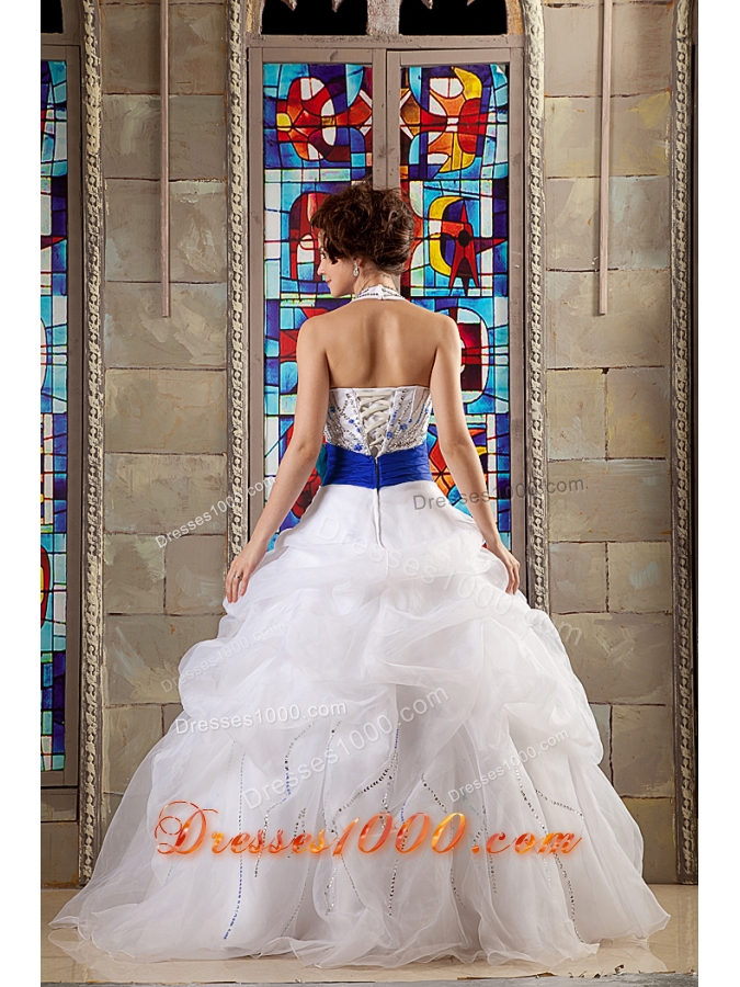 White Beaded Halter Organza Quinceanera Dress with Royal Blue Sash