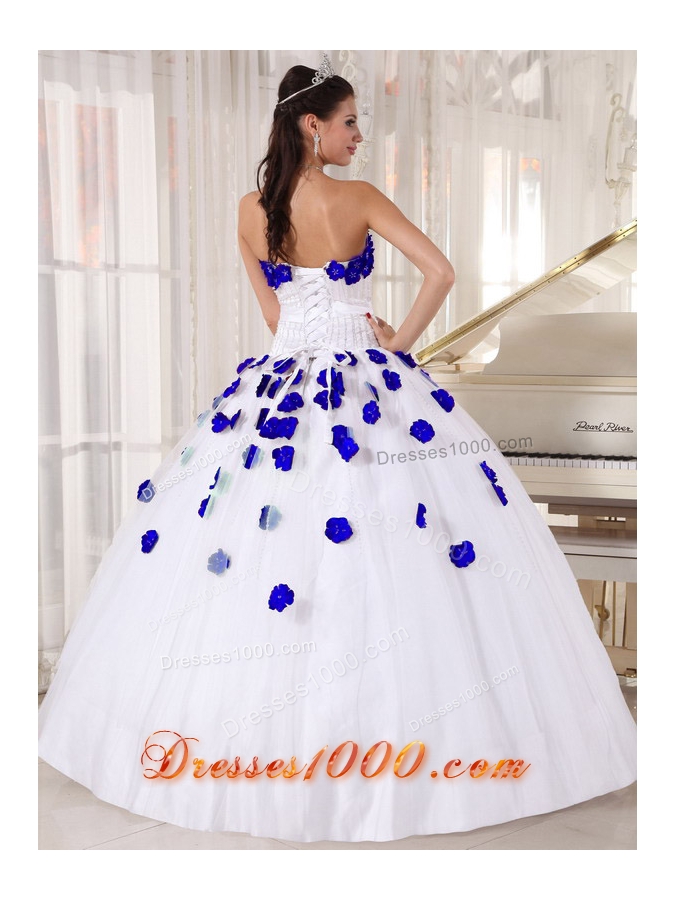White Beading and Royal Blue Hand Made Flowers Dresses For a Quinceanera