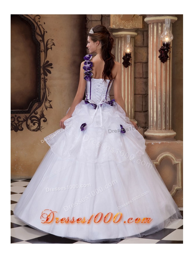 White One Shoulder Purple Hand Made Flowers Quinceaneras Dress