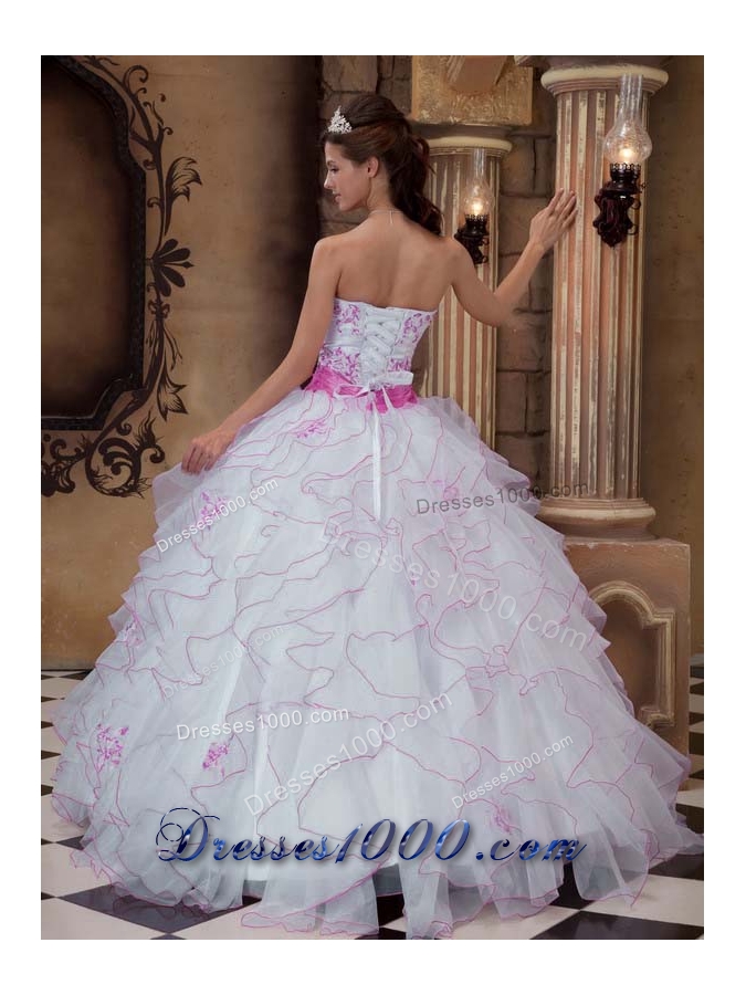White Organza Embroidery and Ruffles Dresses For Quinceaneras