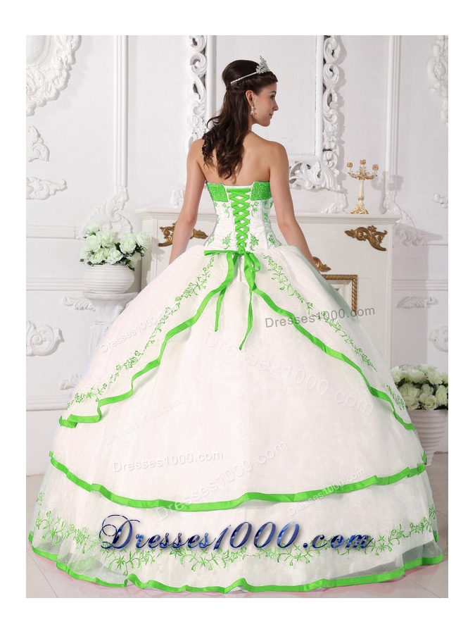 White Organza Quince Dresses with Beading and Green Embroidery