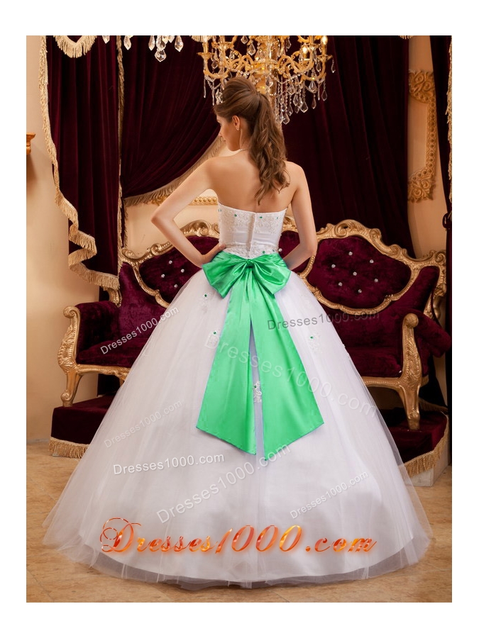 White Princess Strapless Appliques Dress For Quinceaneras with Turquoise Bow