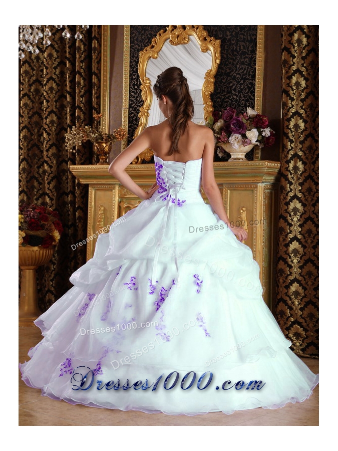 White Princess Strapless Organza Sweet 15 Dresses with Purple Appliques