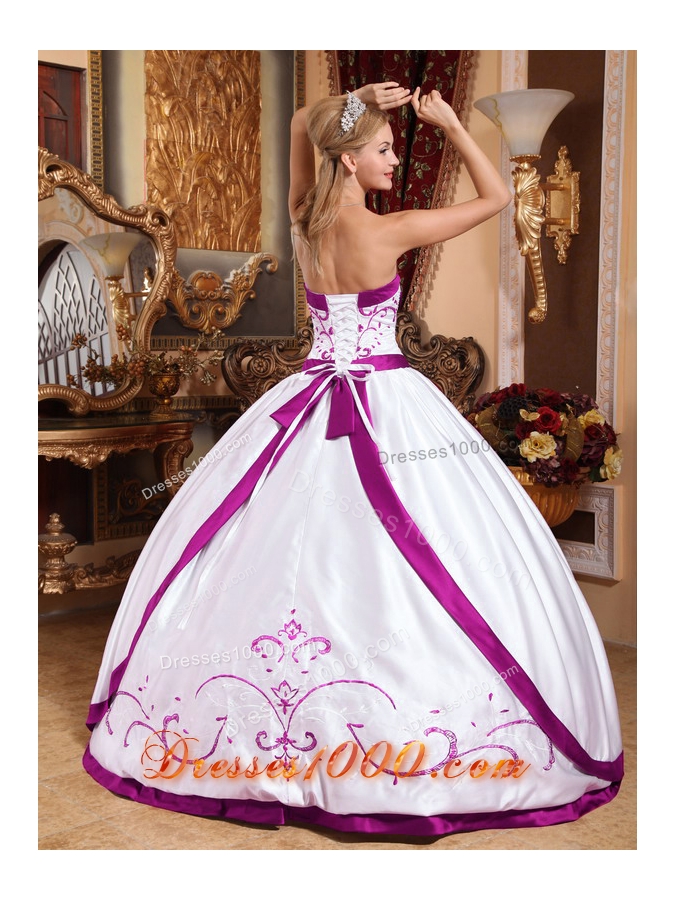 White Puffy Strapless Quinceanera Gowns with Fuchsia Embroidery