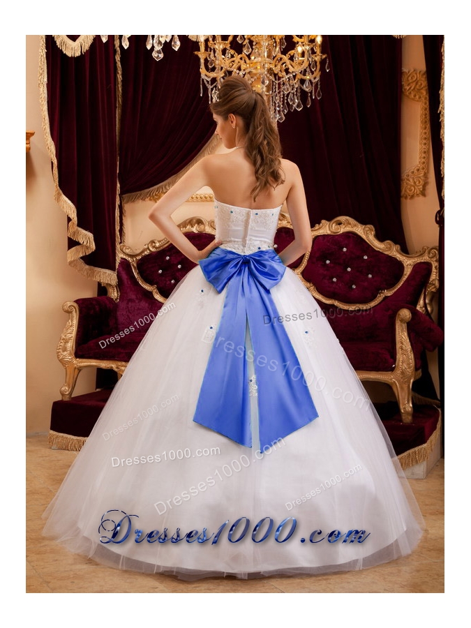 White Strapless Appliques Sweet 16 Dresses with Blue Bowknot