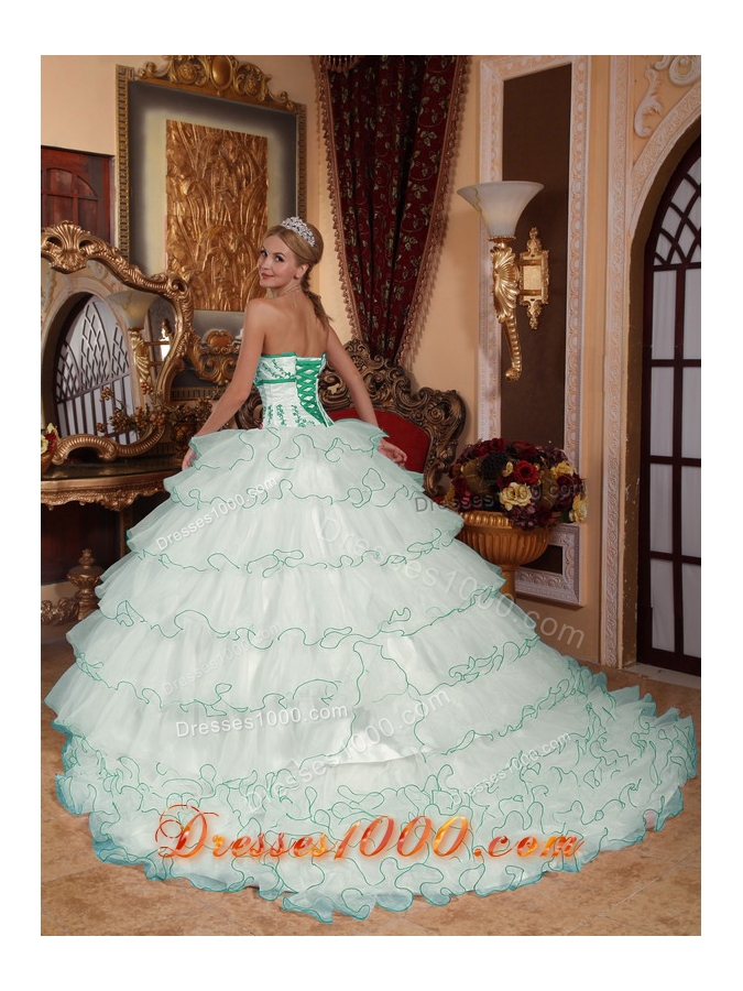 White Strapless Detachable Train Organza Appliques Quinceanera Dress with Layers