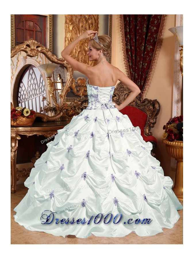 White Strapless Taffeta Appliques and Pick-ups Quinceanera Gowns