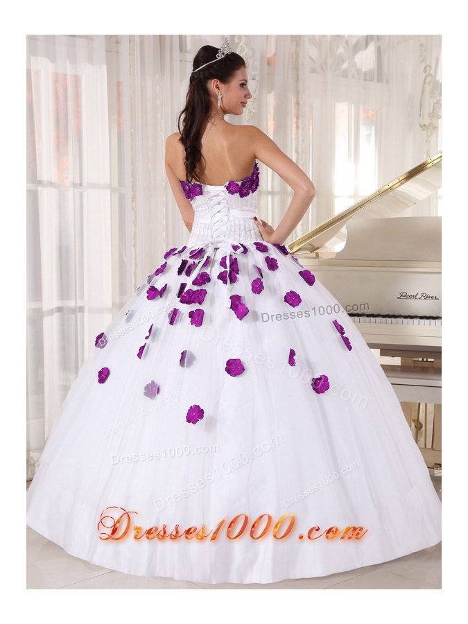 Beading and Hand Made Flowers White Dresses For Quinceaneras