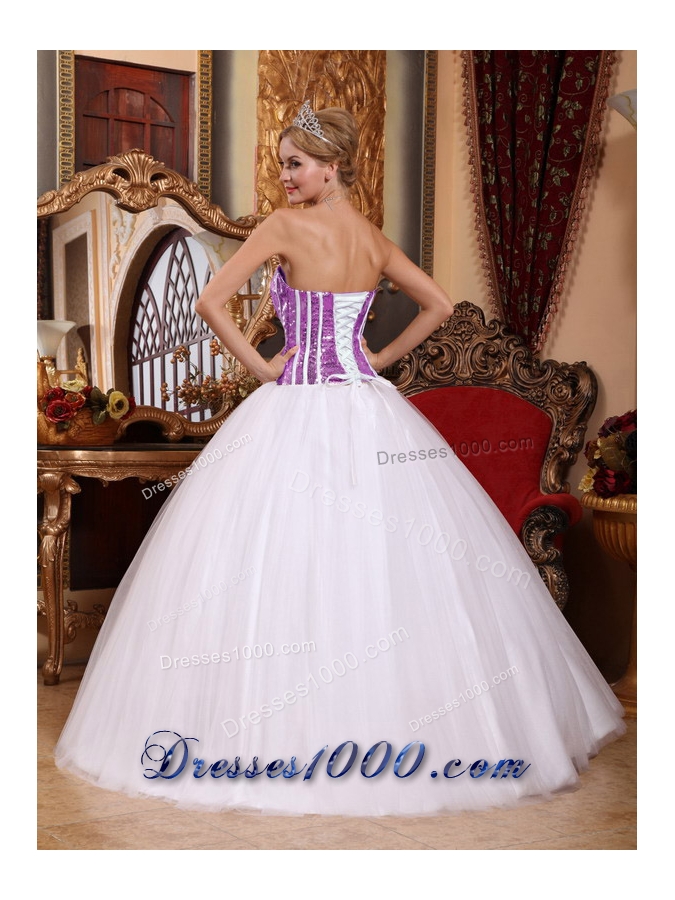 Princess Tulle White Sweet Sixteen Quinceanera Dresses with Lilac Squins