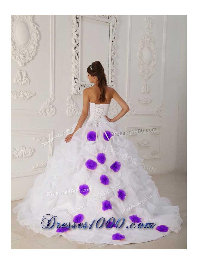 Strapless Court Train White Sweet Sixteen Quinceanera Dresses with Purple Hand Made Flower