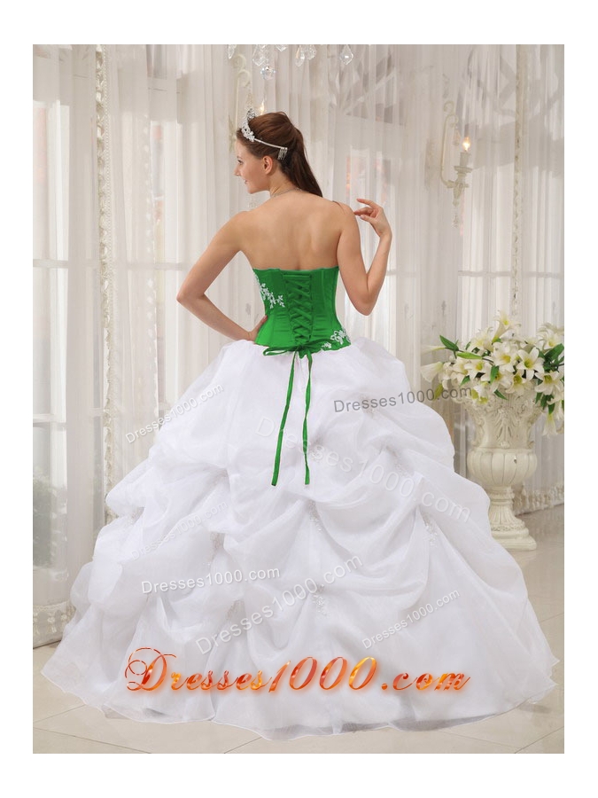 Strapless Organza Appliques White and Green Quinces Dresses with Pick-ups