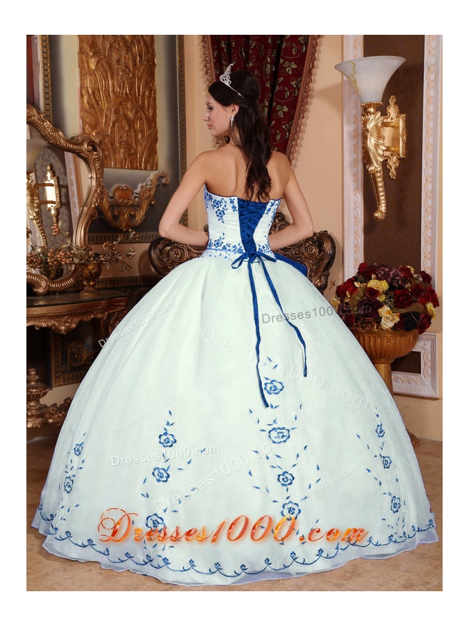 Strapless OrganzaWhite Quinceanera Dress with Blue Embroidery