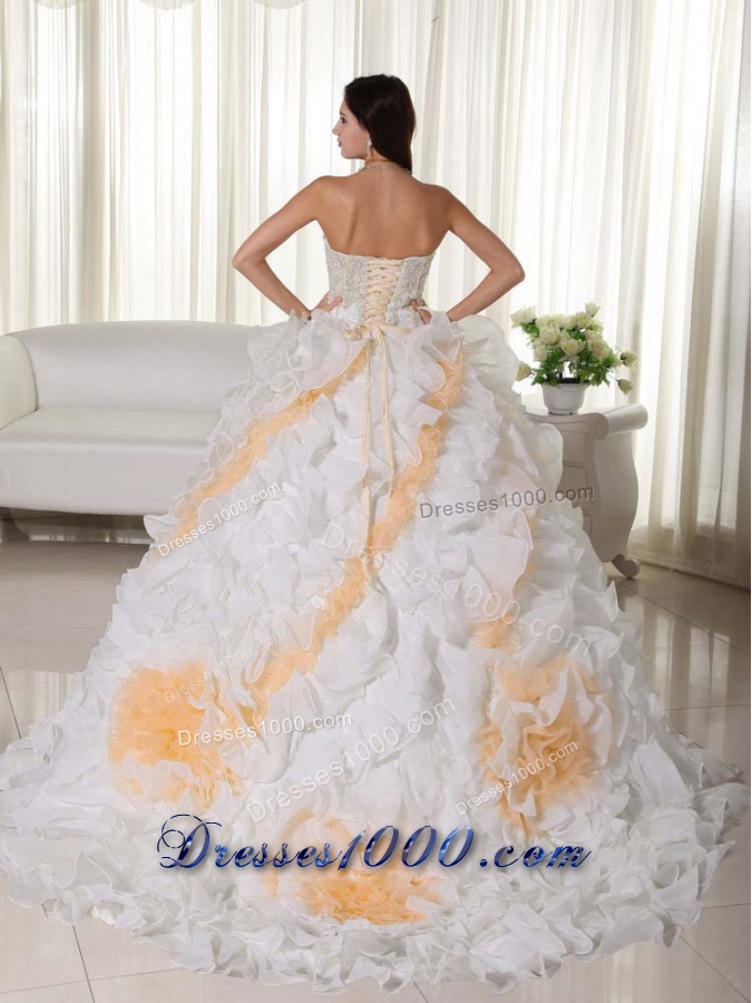 Sweetheart Court Train Organza Appliques and Ruffles White Sweet Sixteen Dresses