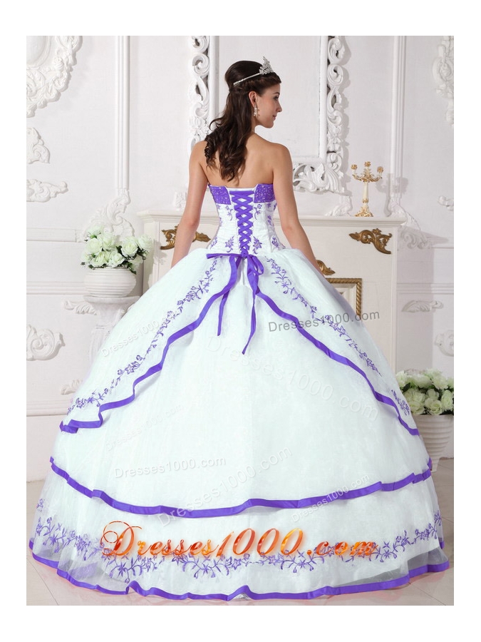 Classic White Sweet 16 Dresses with Beading and Purple Embroidery