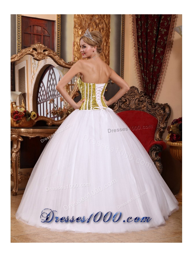 Elegant White Princess Strapless Gold Squins Dresses For 15