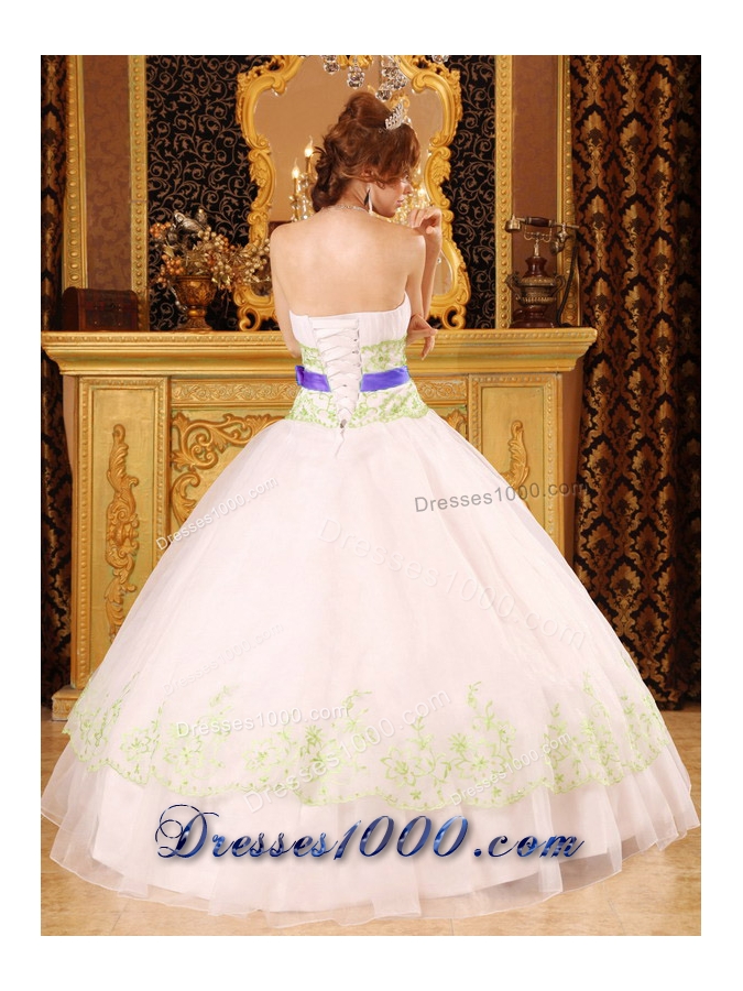 Green Embroidery White Quinceanera Gowns with Purple Bow