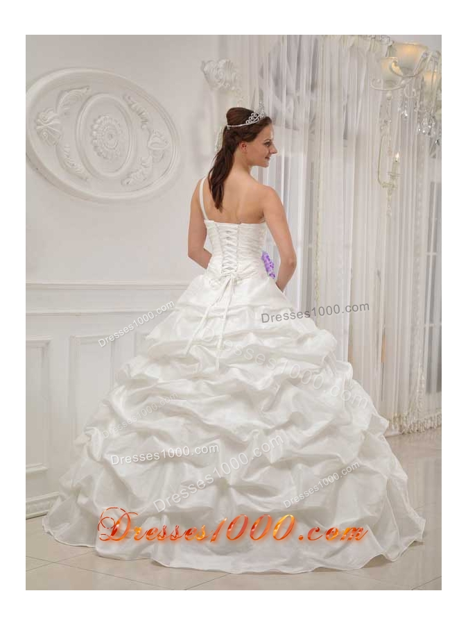 One Shoulder Beaded White Sweet 16 Dresses with Purple Hand Made Flowers