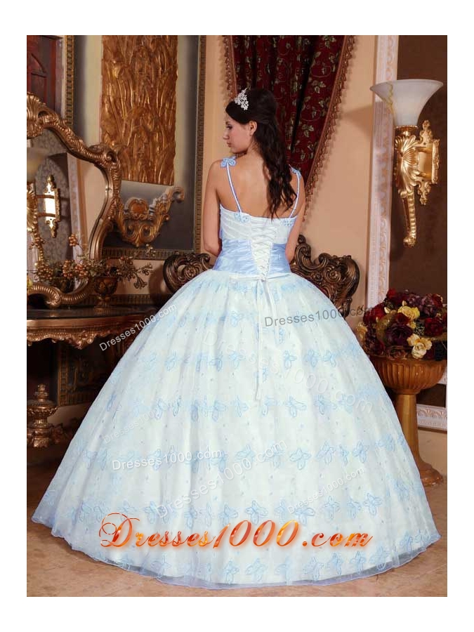Puffy Spaghetti Straps Blue Embroidery Sweet Sixteen Dresses