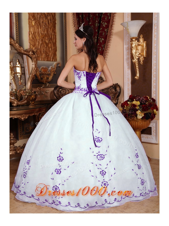 Puffy Strapless Organza White Quinceanera Dress with Purple Embroidery