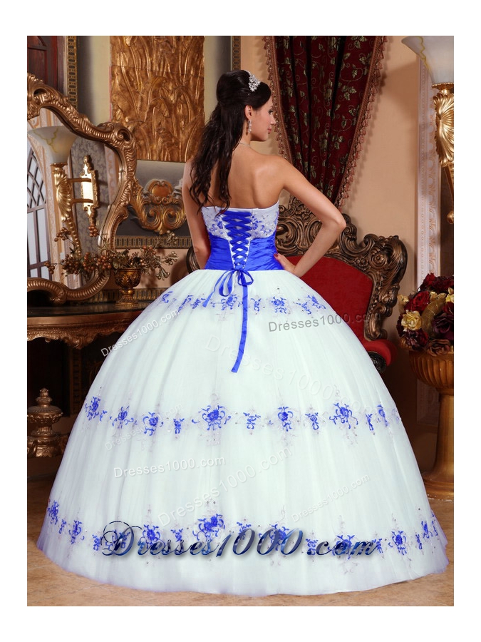 White and Blue Ball Gown Strapless Appliques Quinceanera Gowns