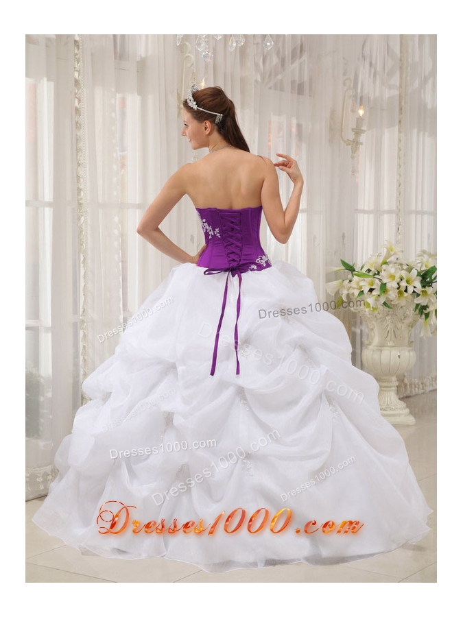 White and Eggplant Purple Strapless Appliques Dresses For a Quinceanera