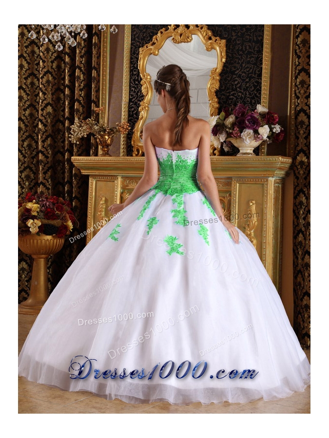White Ball Gown Sweetheart Appliques Spring Green Quinceanera Gown