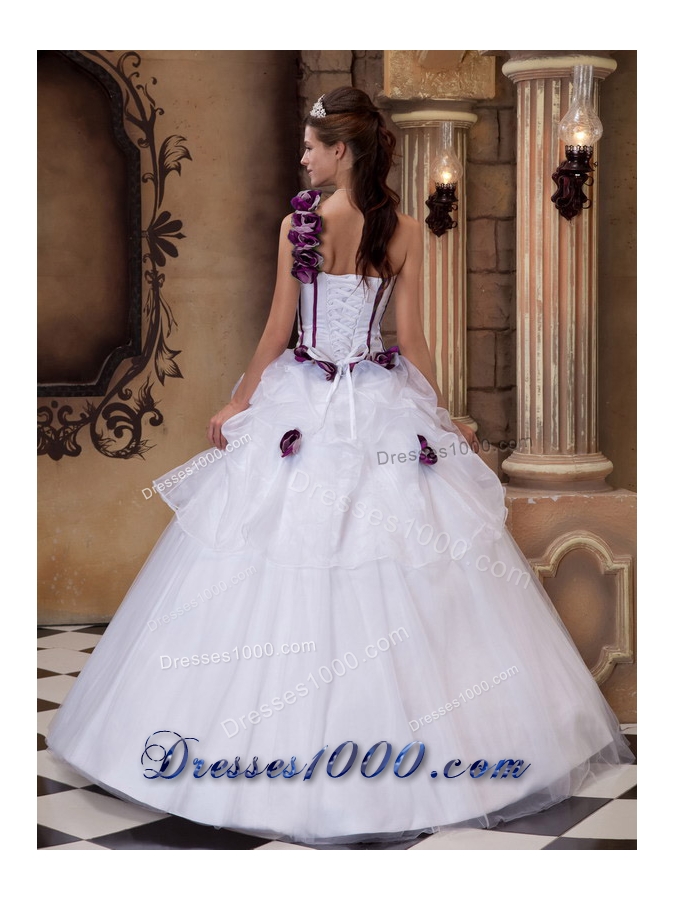 White Princess One Shoulder Quinceanera Gowns with Purple Hand Made Flowers