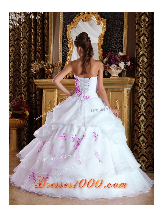 White Princess Strapless Organza Pink Embroidery Dresses For a Quince