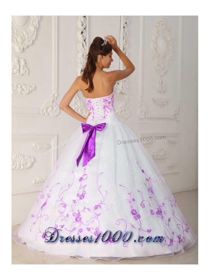 White Princess Strapless Quinceanera Dress with Purple Embroidery