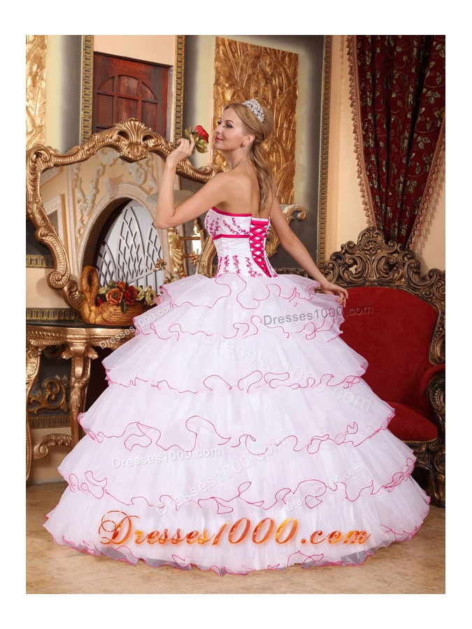 White Strapless Detachable Train Organza Appliques and Layers Dresses For a Quinceanera