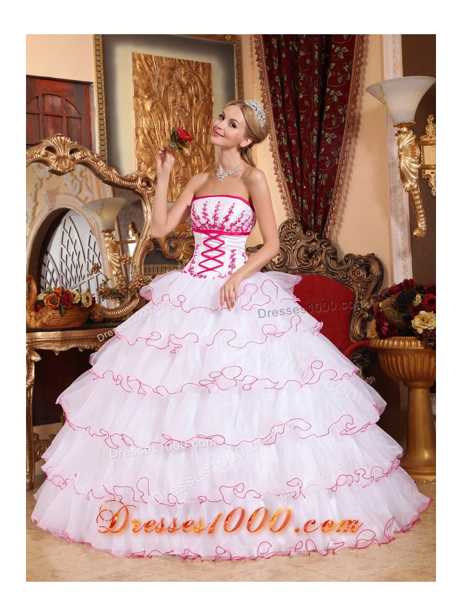 White Strapless Detachable Train Organza Appliques and Layers Dresses For a Quinceanera