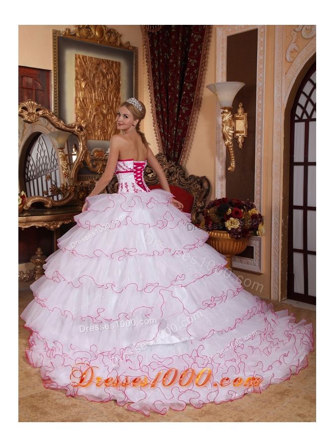 White Strapless Detachable Train Organza Appliques and Layers Dresses For a Quinceanera