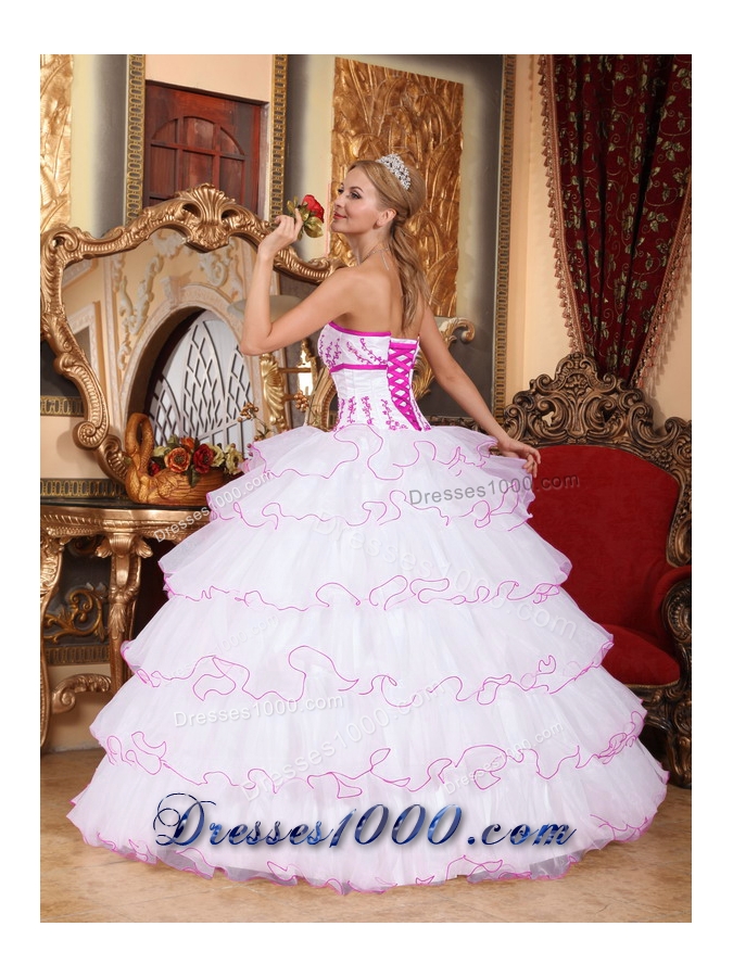 White Strapless Detachable Train Quinceaneras Dress with Pink Appliques and Layers
