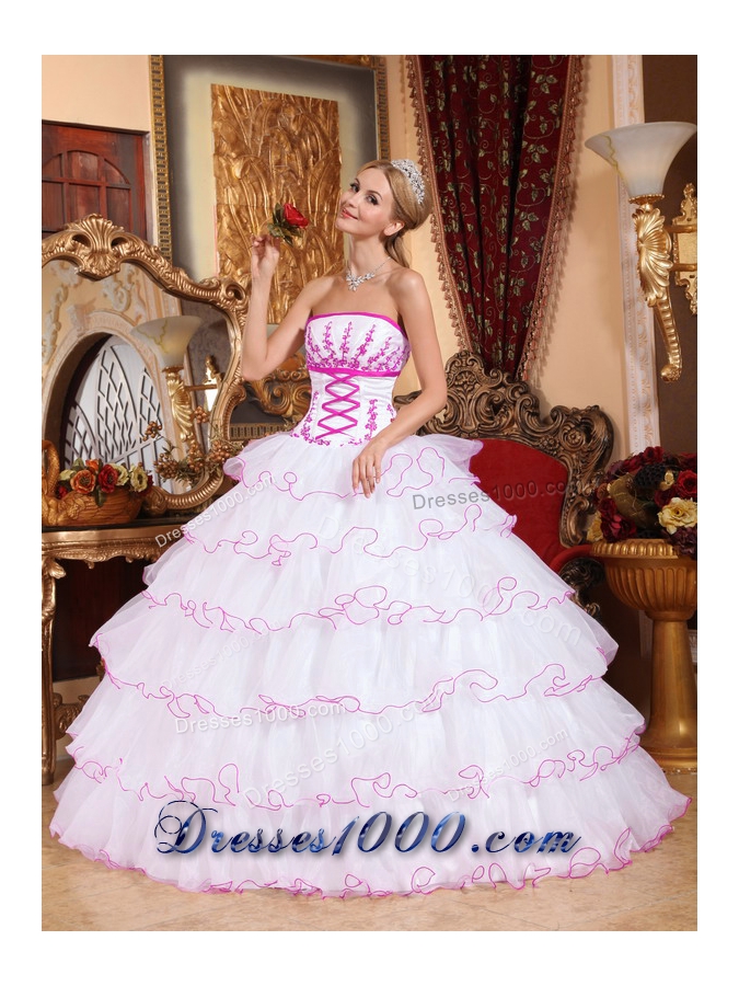 White Strapless Detachable Train Quinceaneras Dress with Pink Appliques and Layers