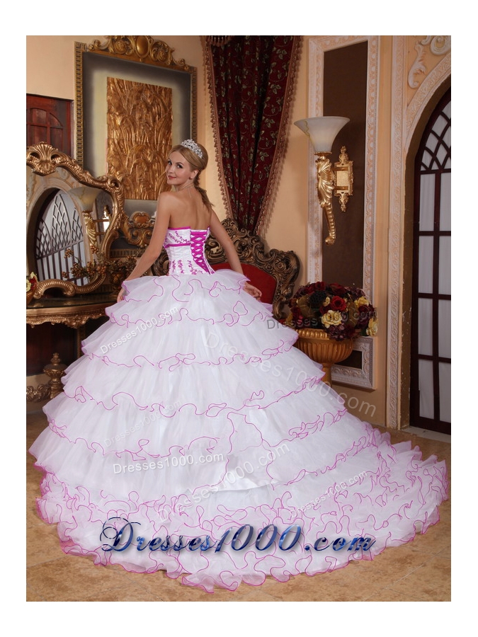 White Strapless Detachable Train Quinceaneras Dress with Pink Appliques and Layers