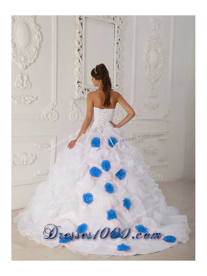 White Strapless Sweep Train Organza Sweet 15 Dresses with Blue Hand Made Flower